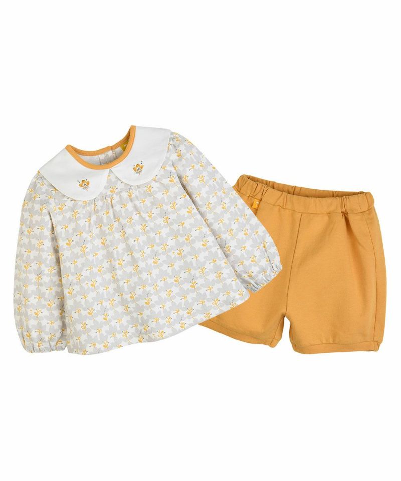 セットアップ】フラワー襟付き長袖トップス＆ブルマパンツ