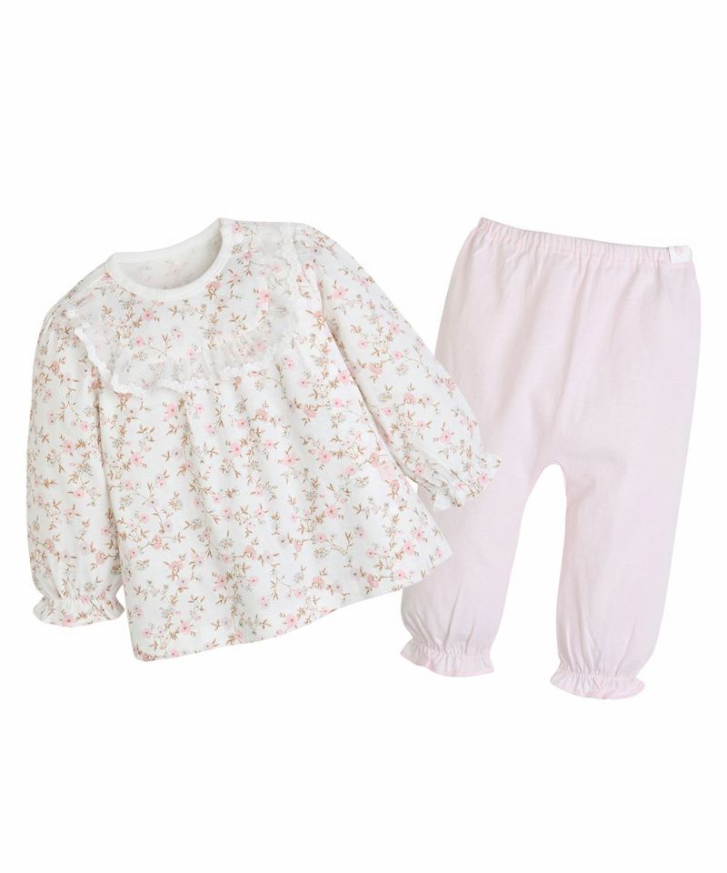 ルームウェア】レトロフラワーレースフリル長袖トップス＆パンツ