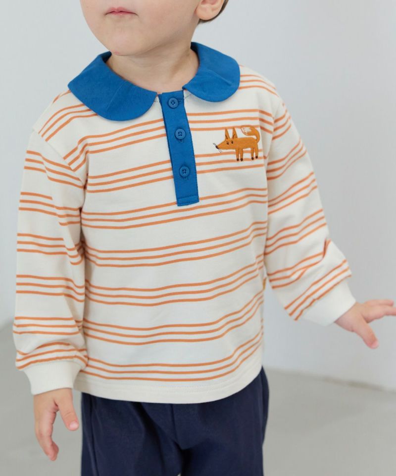 セットアップ】フォックス襟付きボーダー長袖トップス＆ロングパンツ