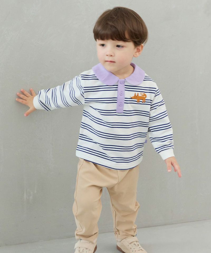 セットアップ】フォックス襟付きボーダー長袖トップス＆ロングパンツ