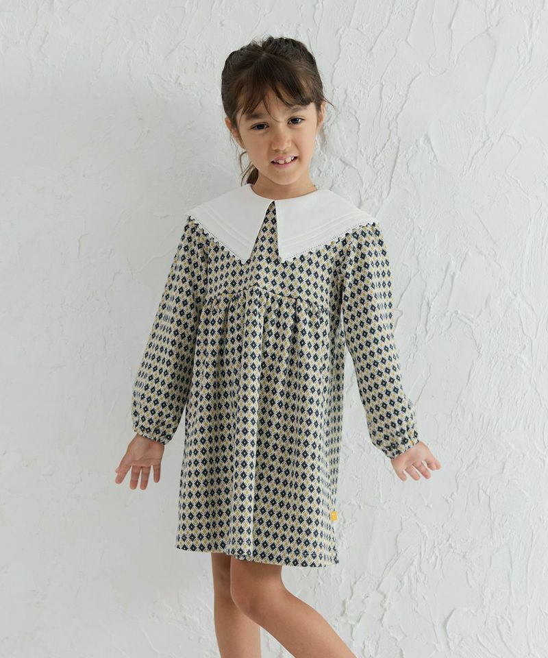 日本限定】ビッグフリルカラーダイヤ柄ジャカードワンピース