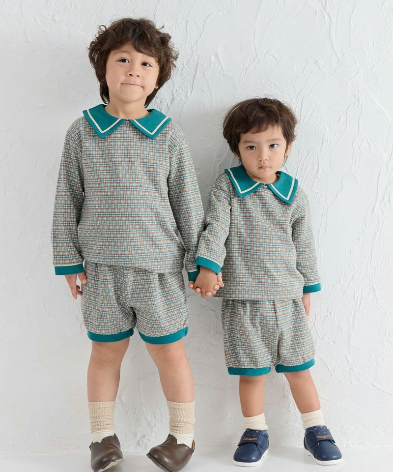 日本限定】【セットアップ】配色ラインカラータータンチェックトップス