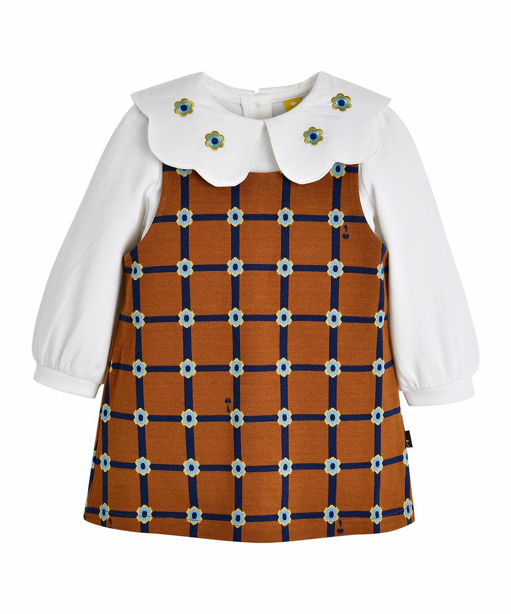 【正規品】モイモルン　ワンピースセット 2点セット】フラワー刺繍フラワートップス&チェックワンピース