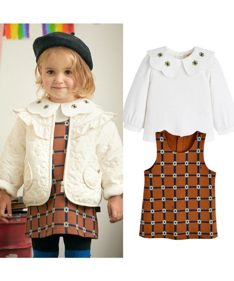 2点セット】フラワー刺繍フラワートップス&チェックワンピース