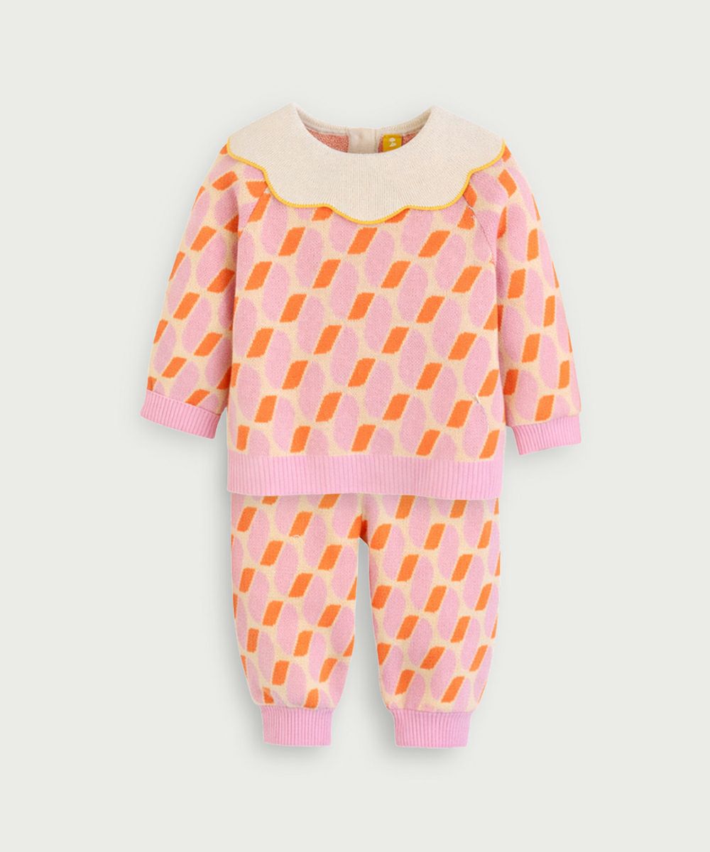 セットアップ】幾何学柄長袖ピンクニットトップス＆パンツ