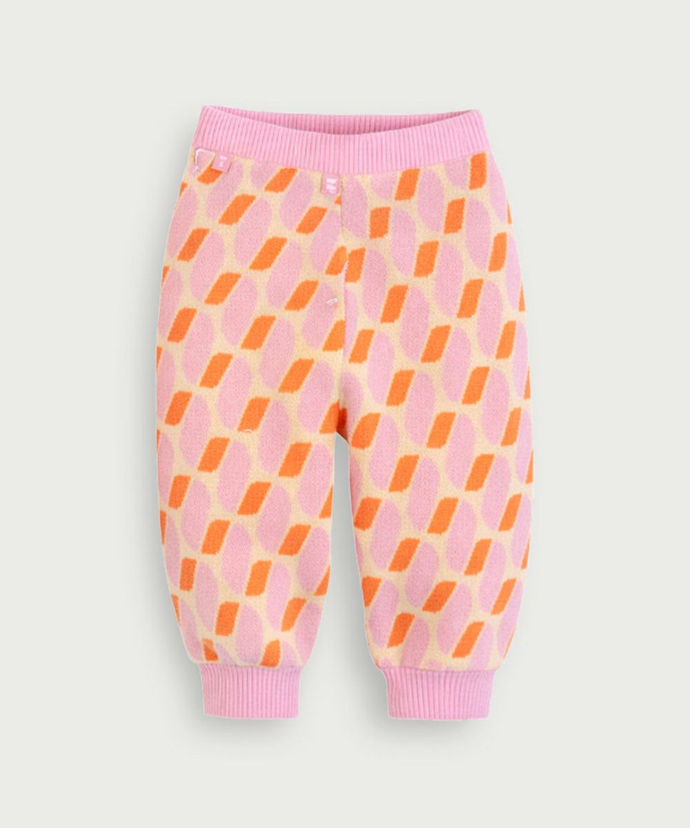 セットアップ】幾何学柄長袖ピンクニットトップス＆パンツ