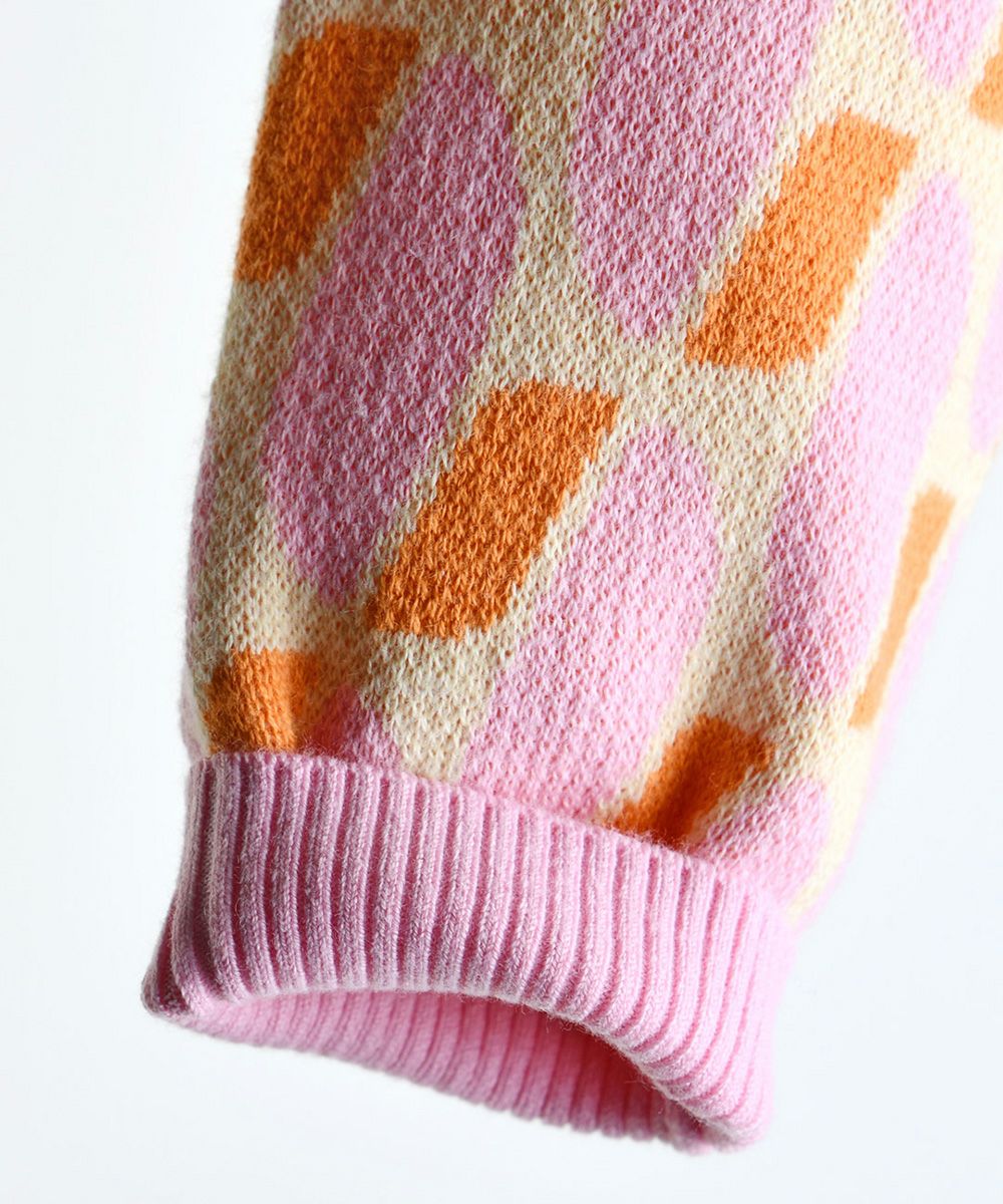 セットアップ】幾何学柄長袖ピンクニットトップス＆パンツ