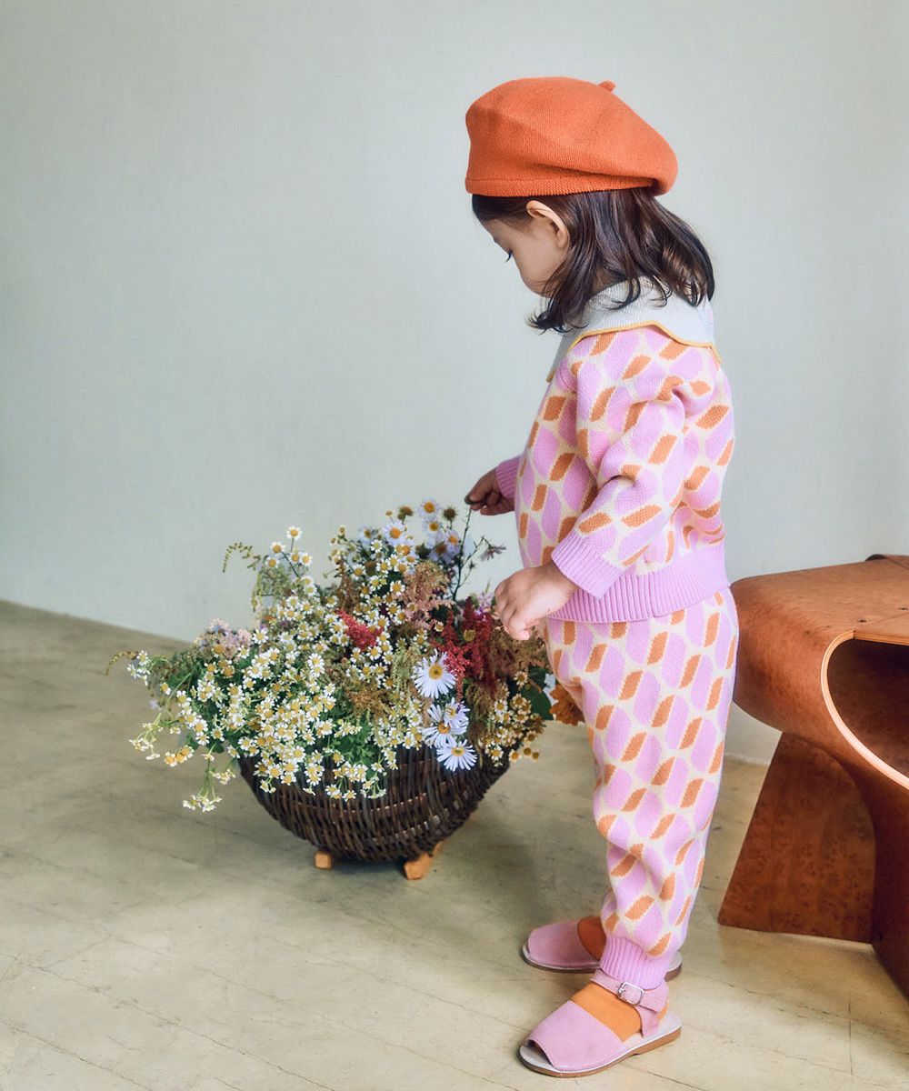 セットアップ】幾何学柄長袖ピンクニットトップス＆パンツ