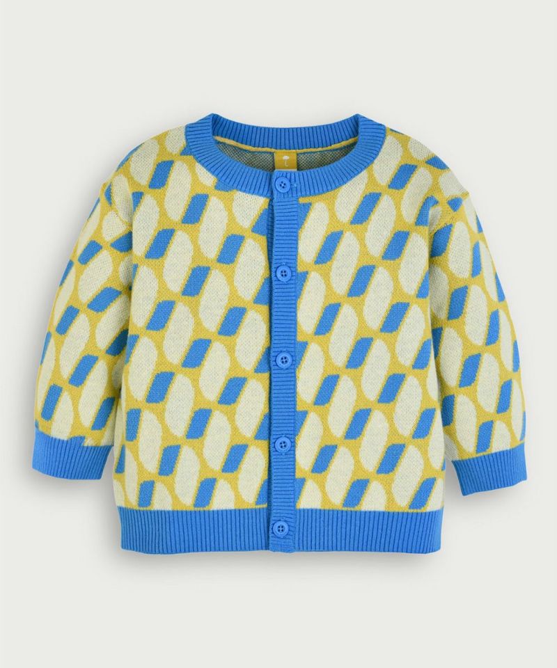 幾何学模様のアイボリー カーディガン 幾何学柄ブルー長袖ニットカーディガン | おしゃれな子供服 moimoln