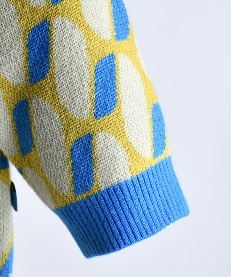 幾何学柄ブルー長袖ニットカーディガン | おしゃれな子供服 moimoln